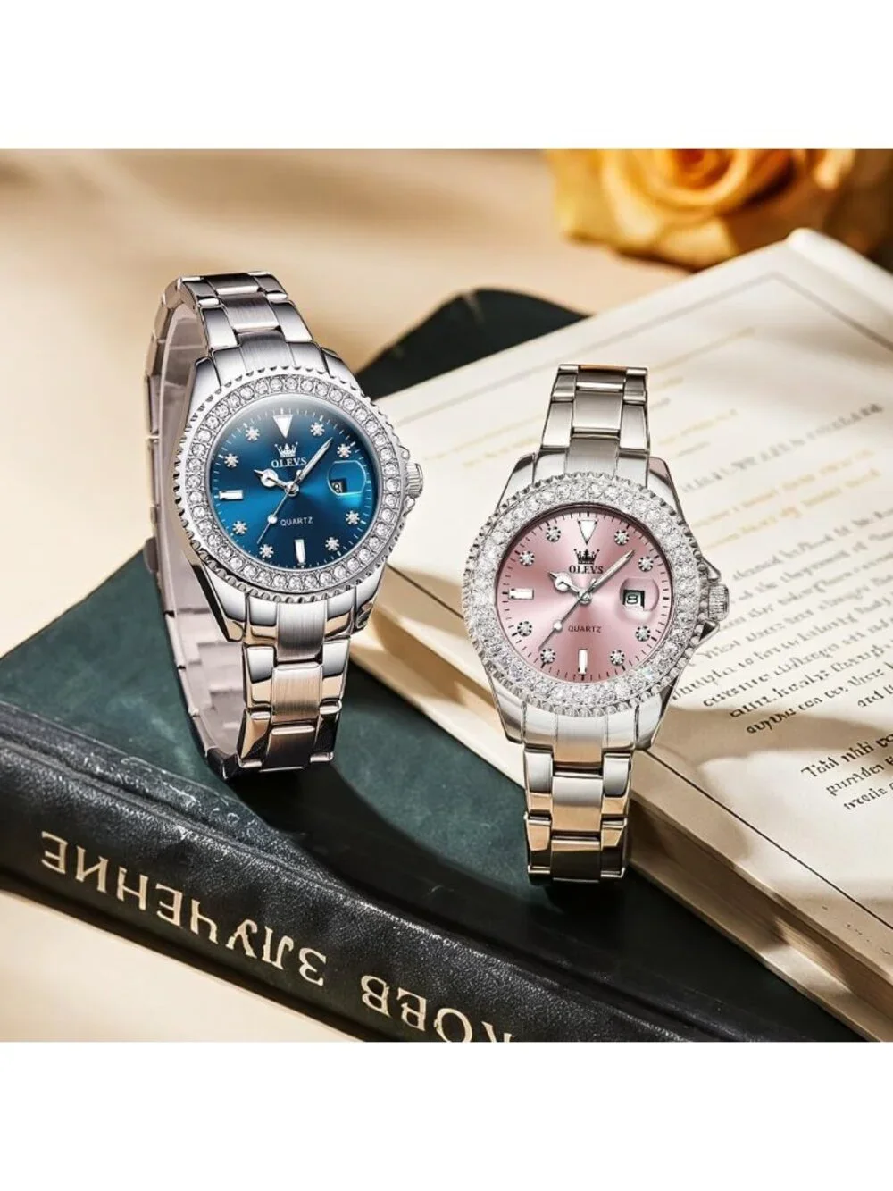Women's Blue Luxury Diamond with Date Analog Quartz Waterproof Wrist Watch